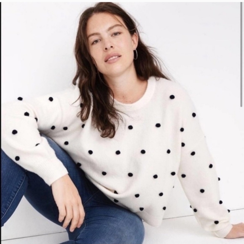 Madewell Pullover Pom Pom Sweater Ivory Merino Wool Blend Medium Oversized